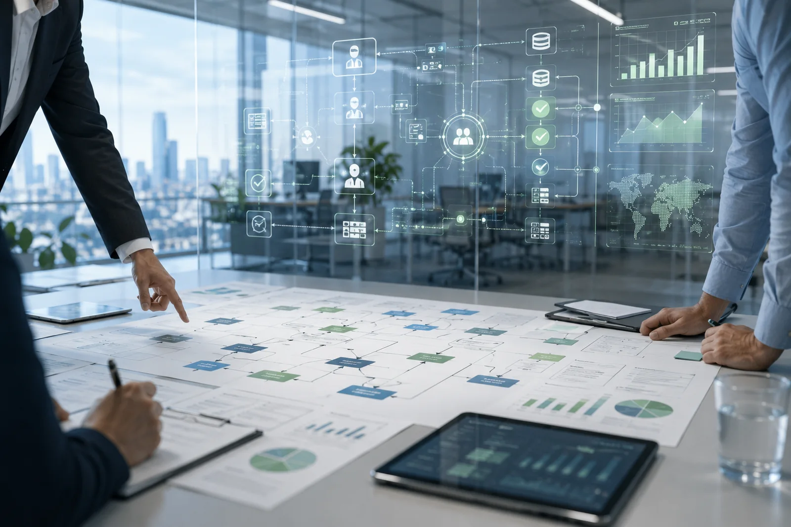Executives reviewing workflow maps and operating data during a 90-day AI execution sprint.