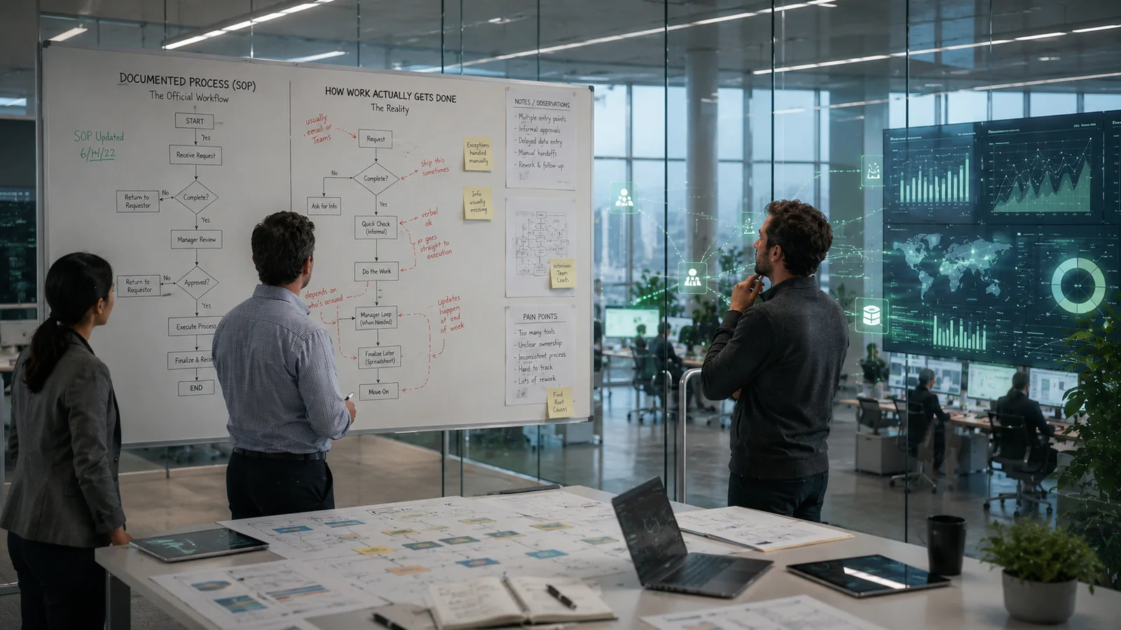 Team comparing documented workflow to how work actually gets done during a business systems assessment.