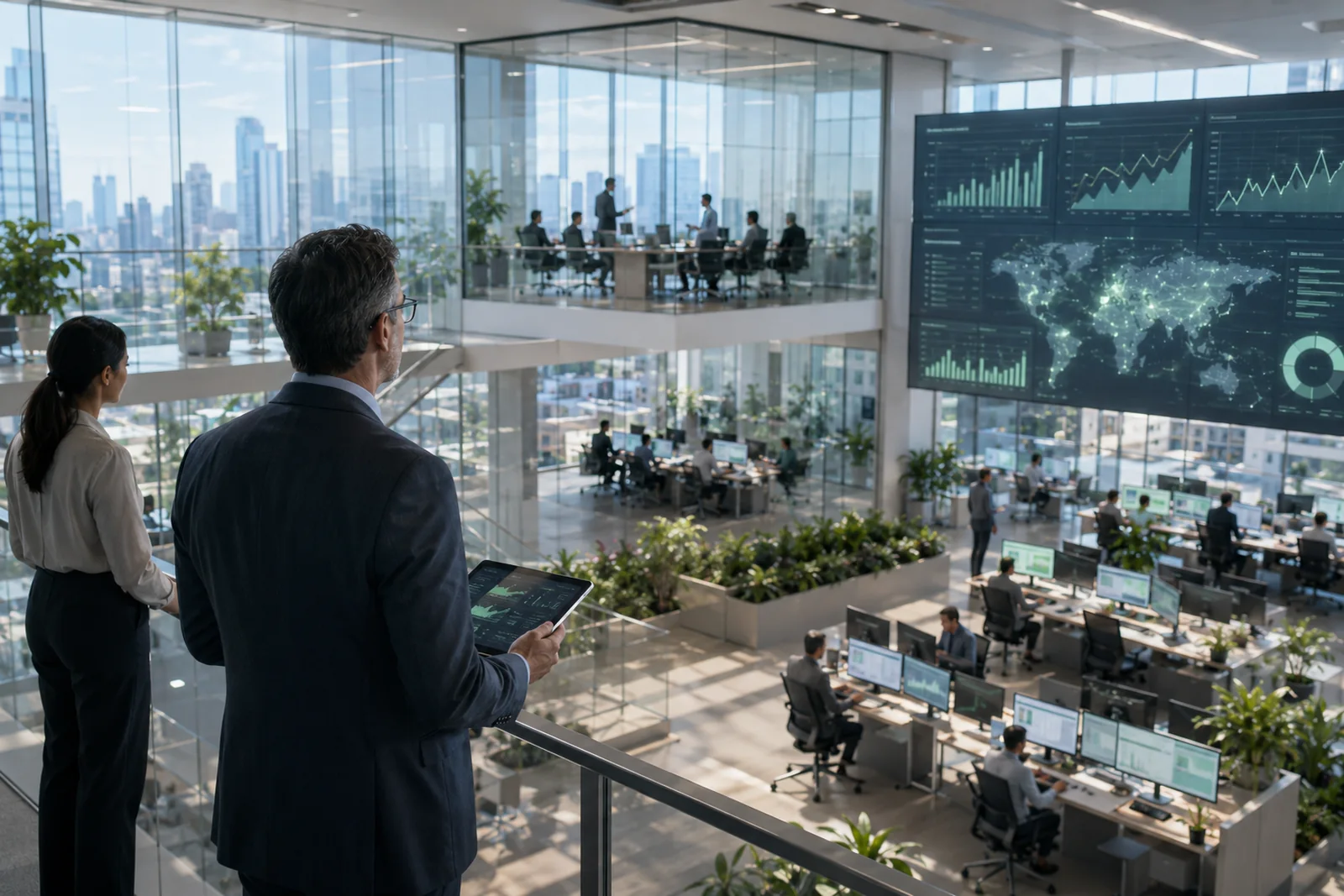 Executive operations environment showing dashboards and teams scaling improved workflows across the business.
