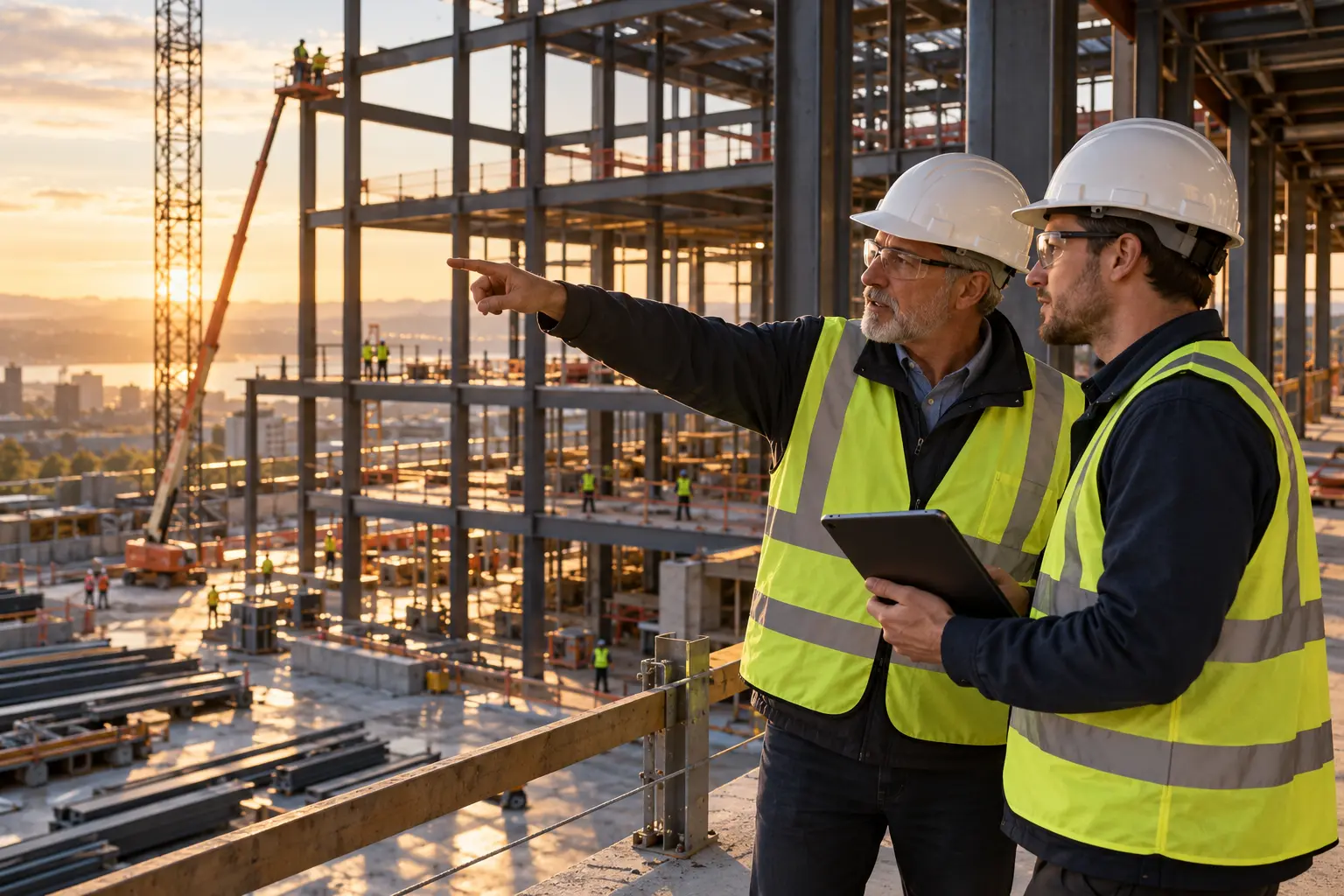 A construction professional looking across an active building site.