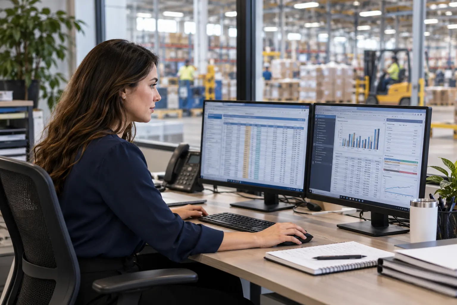 An employee reviewing business data on computer monitors.