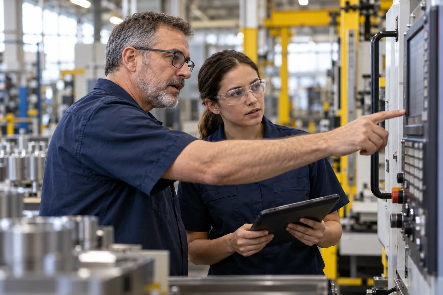 Manufacturing employees reviewing work at a production machine.