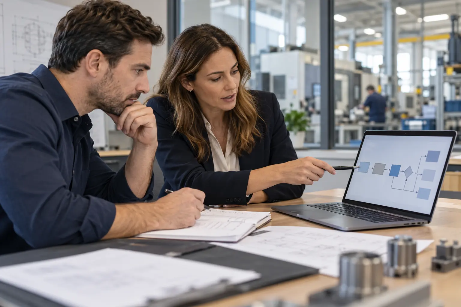 Colleagues reviewing business documents and information on a laptop.