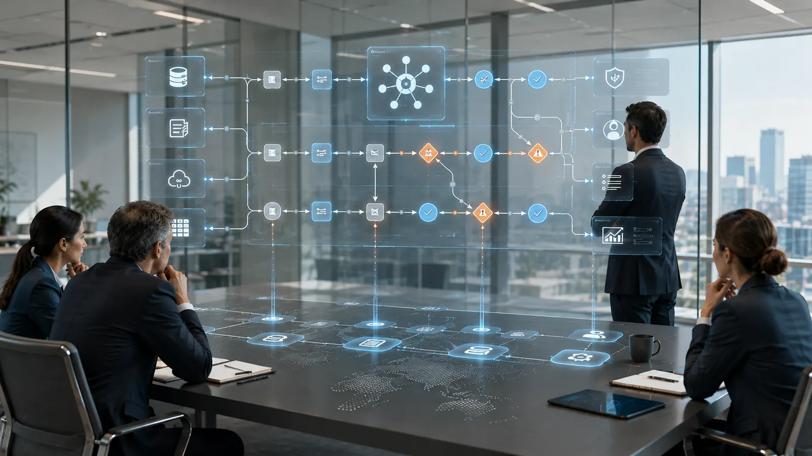 Executives and engineers reviewing an agentic workflow diagram — data inputs, tool access, decision points, exception paths, and approval checkpoints mapped before the AI system takes action.