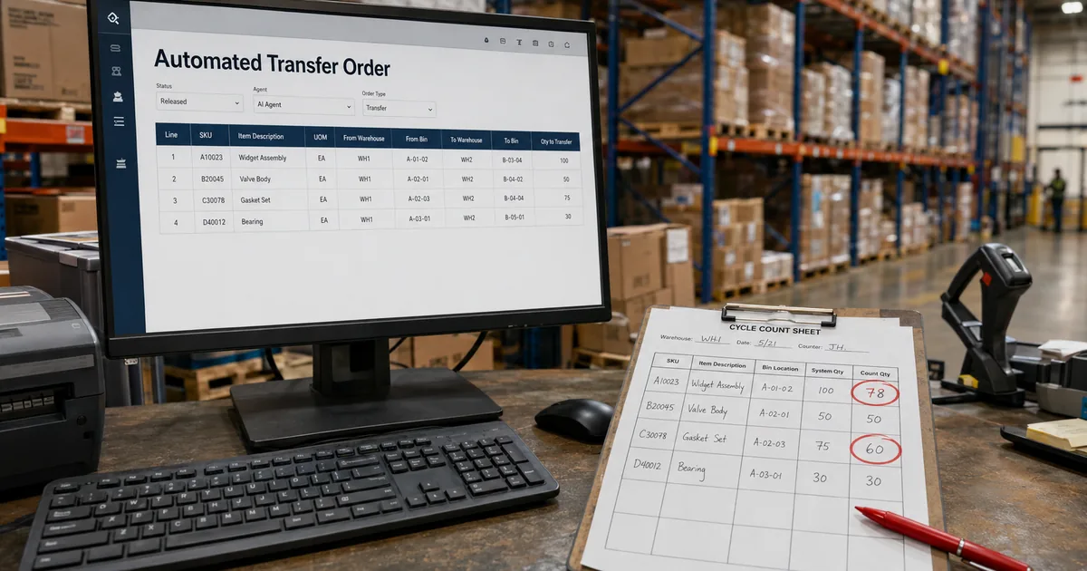 A warehouse operations screen showing an automated transfer order beside shelving racks, with mismatched inventory records visible on paper and screen.