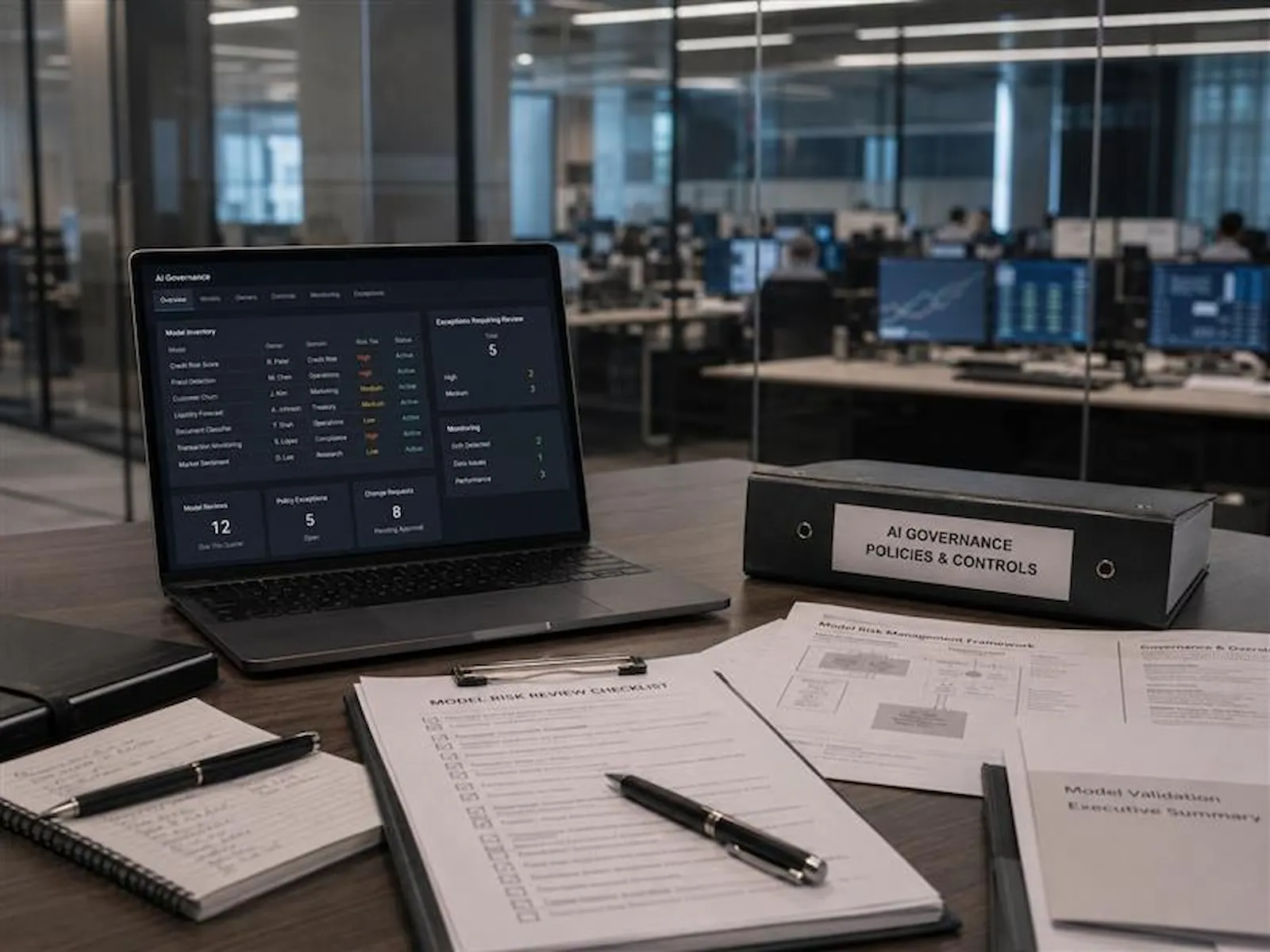 AI governance dashboard, model risk review checklist, policy controls binder, and validation documents on a conference room table