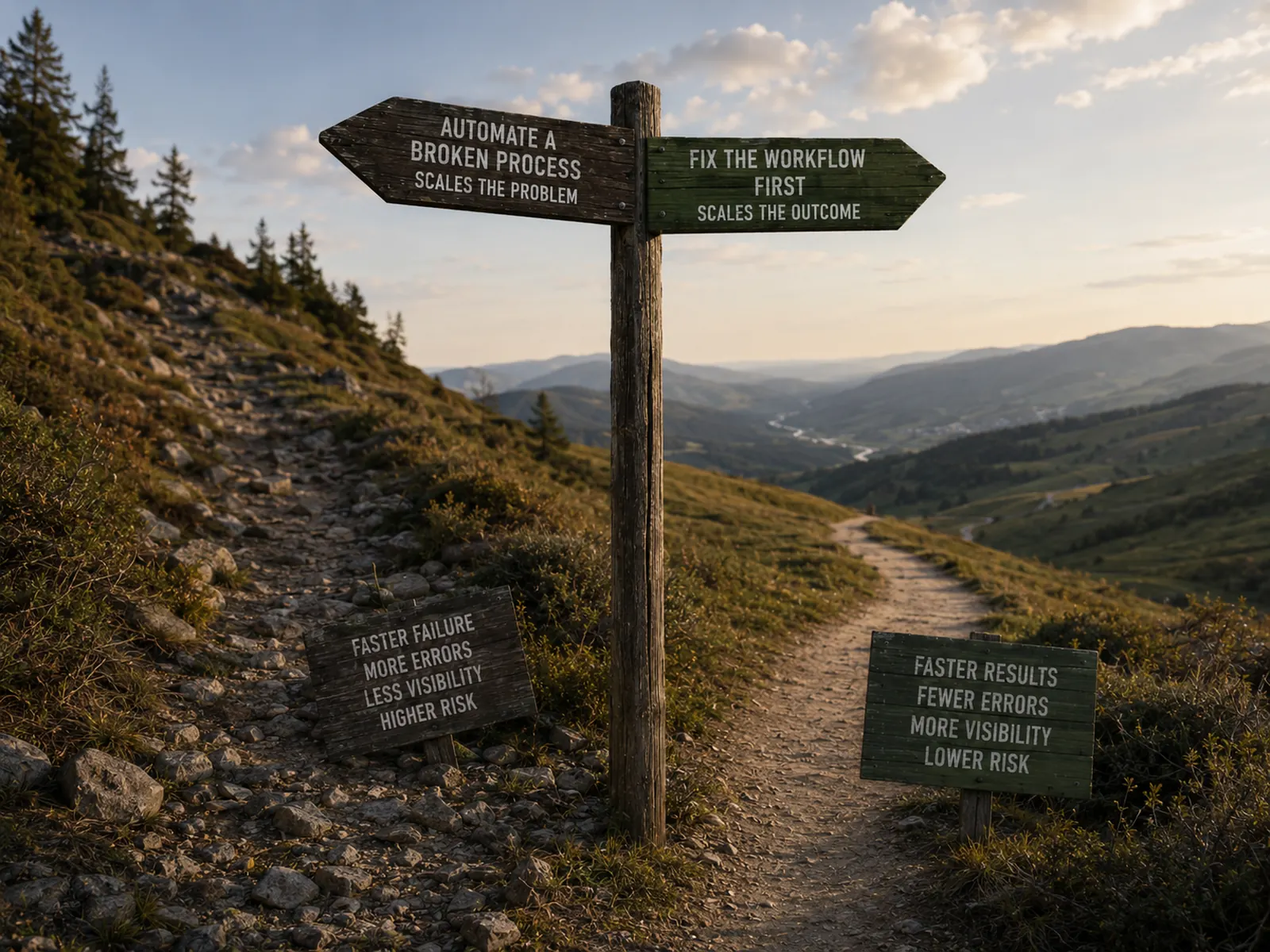 Mountain trail signpost contrasting two paths — 'Automate a Broken Process: Scales the Problem' (faster failure, more errors, higher risk) versus 'Fix the Workflow First: Scales the Outcome' (faster results, fewer errors, lower risk).