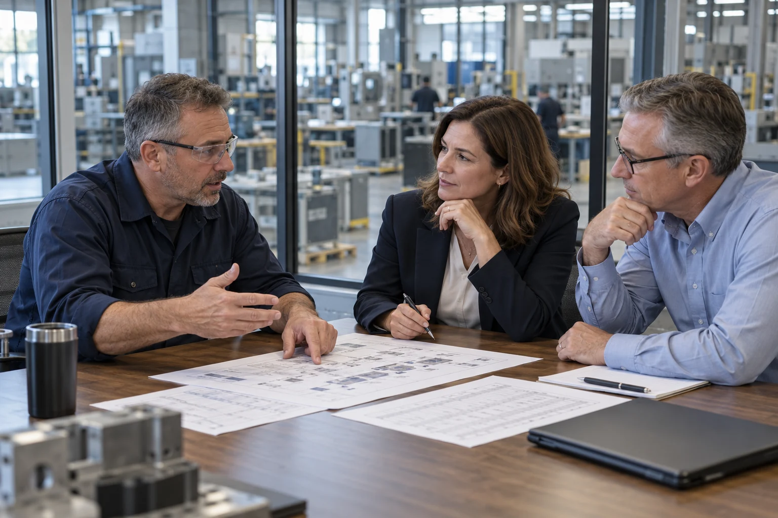 An operations employee explains a workflow to company leaders who listen and review the work together.