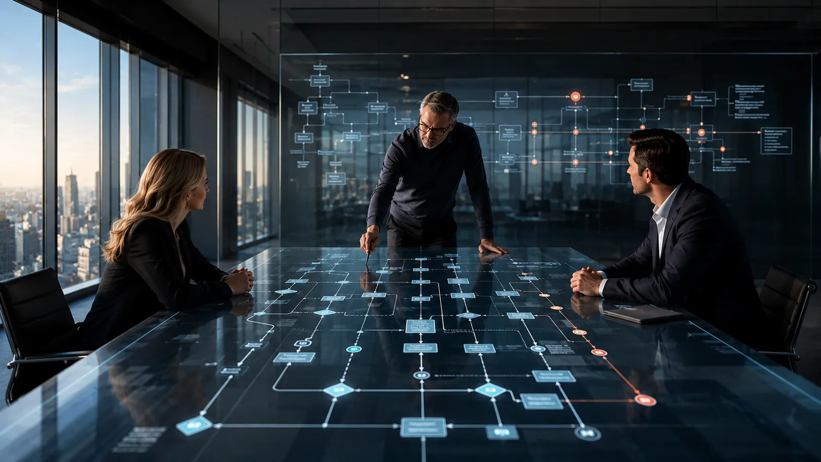 Operators reviewing a workflow governance chart — process owner, output standard, input dependencies, exception rules, and change-review logic mapped before the workflow goes into production.