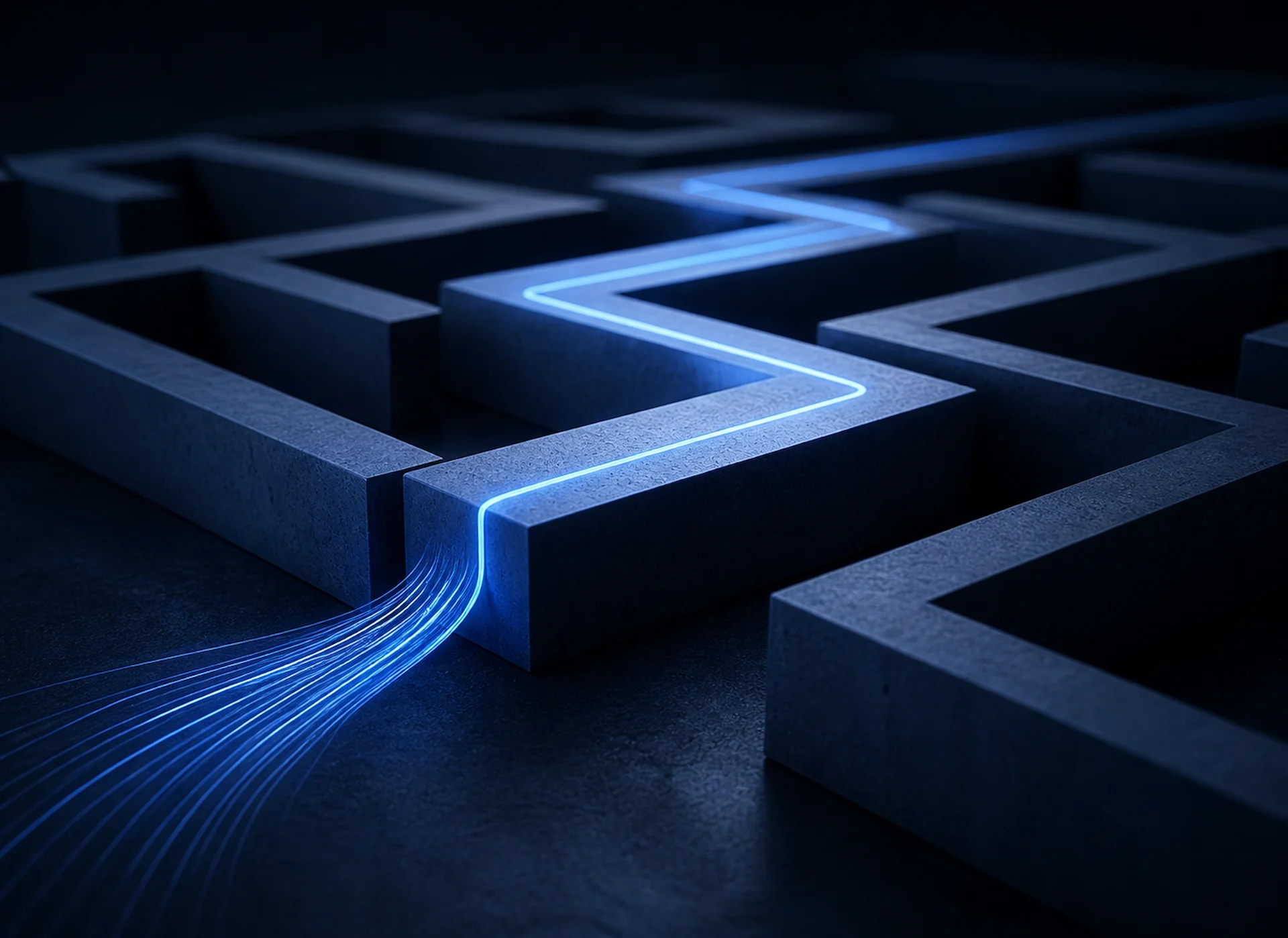 Illuminated path through a complex maze, representing process redesign