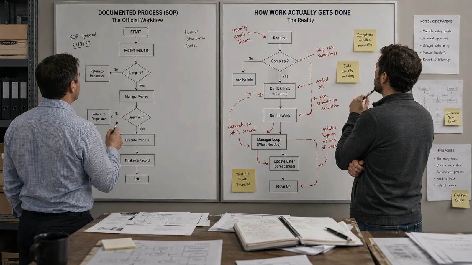 Side-by-side whiteboards comparing the documented SOP workflow against how work actually gets done in practice, with exceptions and informal approvals annotated.