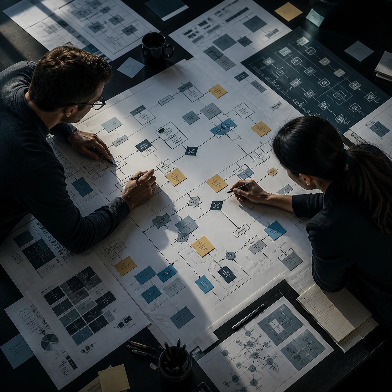 Two operators mapping decision points, exception paths, and accountability lines for a human-AI workflow on a printed process diagram covered in handwritten annotations.