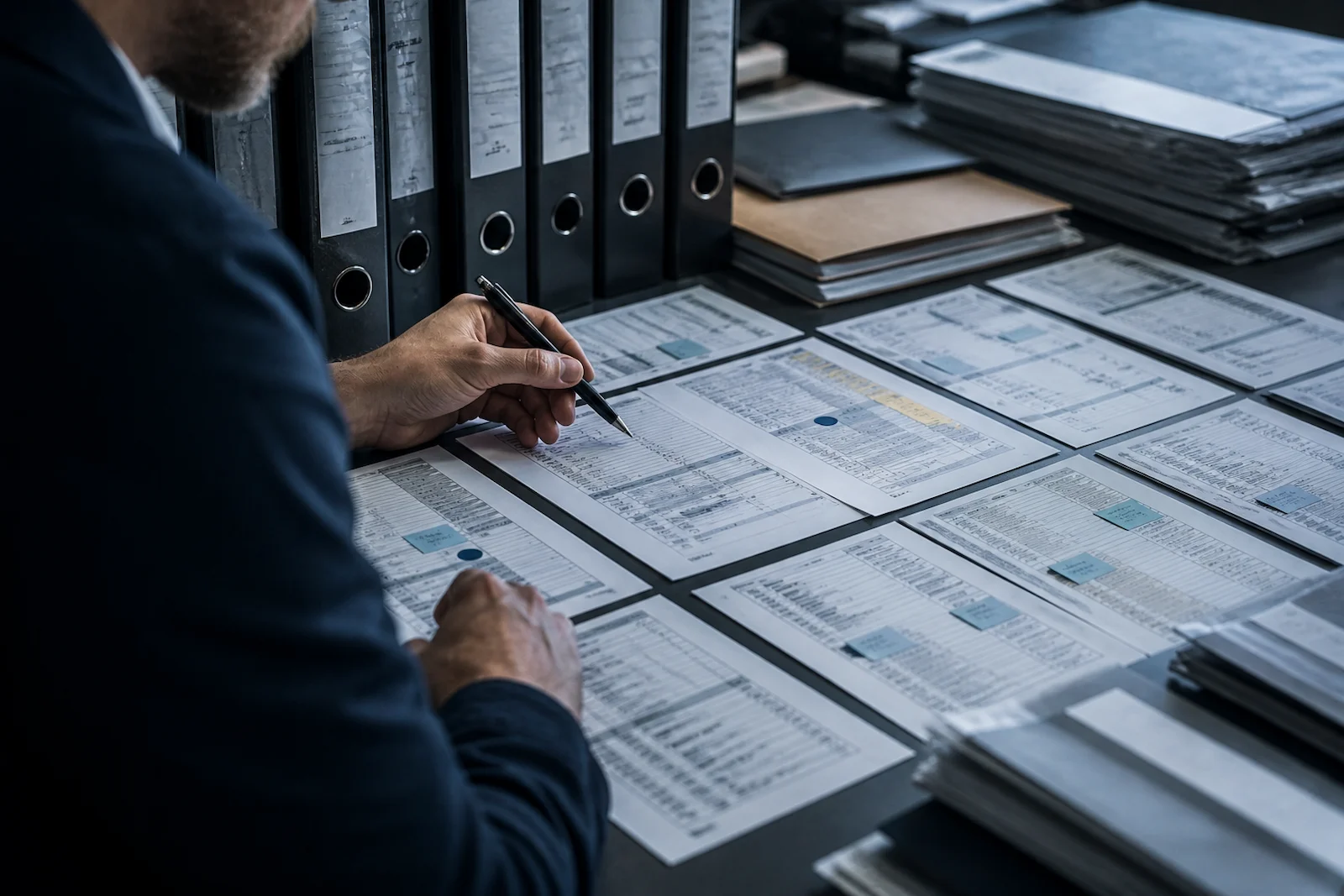 Overhead view of system maps, reports, and notes used to assess master data quality across item, customer, and vendor records.