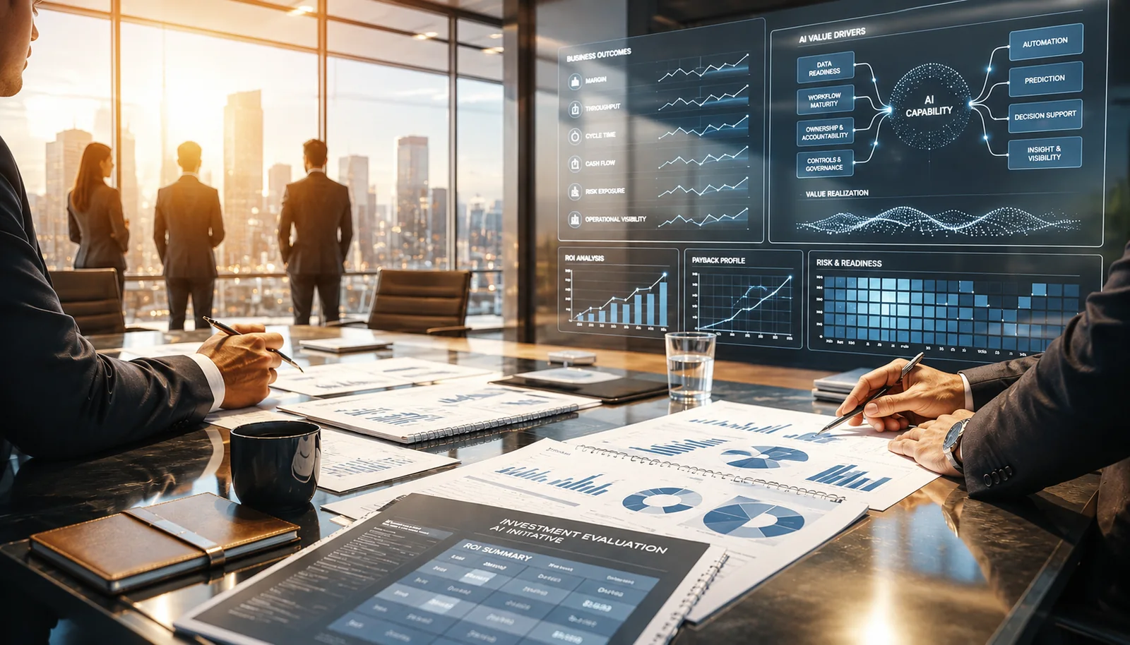 Executive boardroom with AI investment evaluation dashboard showing business outcomes, AI value drivers, ROI analysis, payback profile, and risk and readiness metrics during a capital decision review.