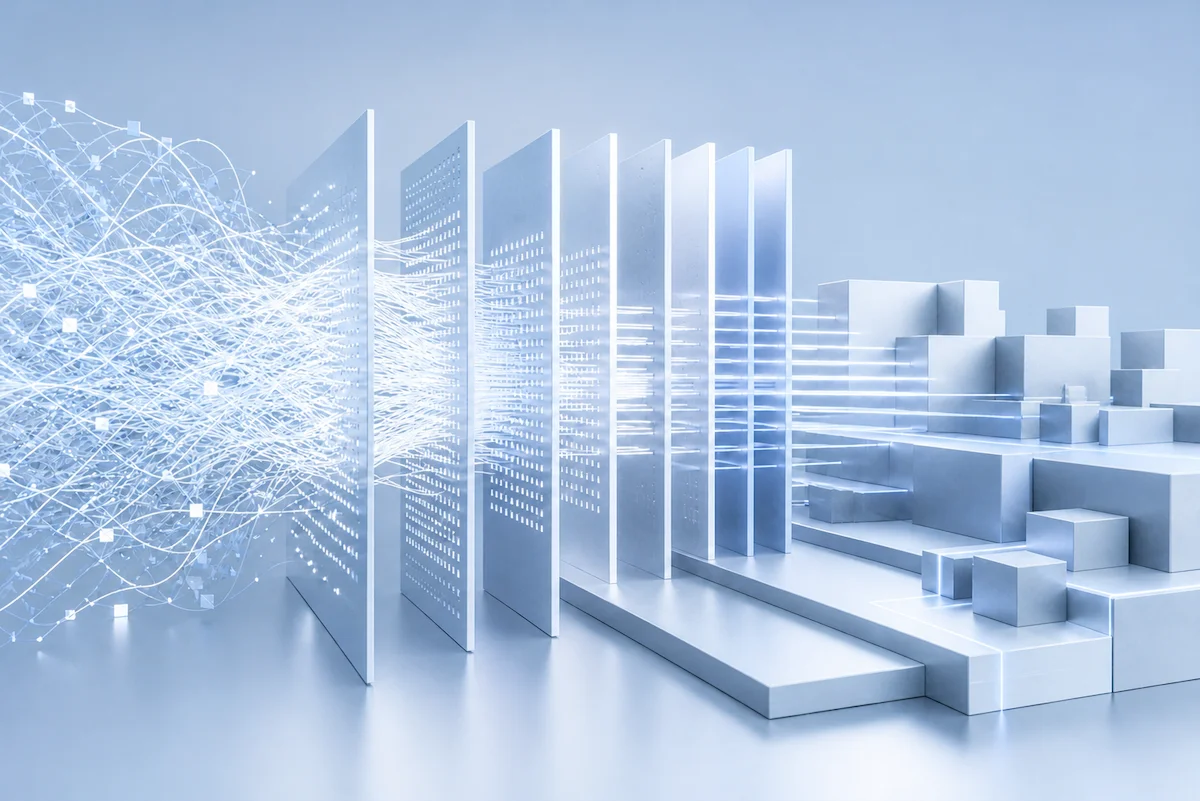 Abstract visualization of complex data flowing through layered architecture panels