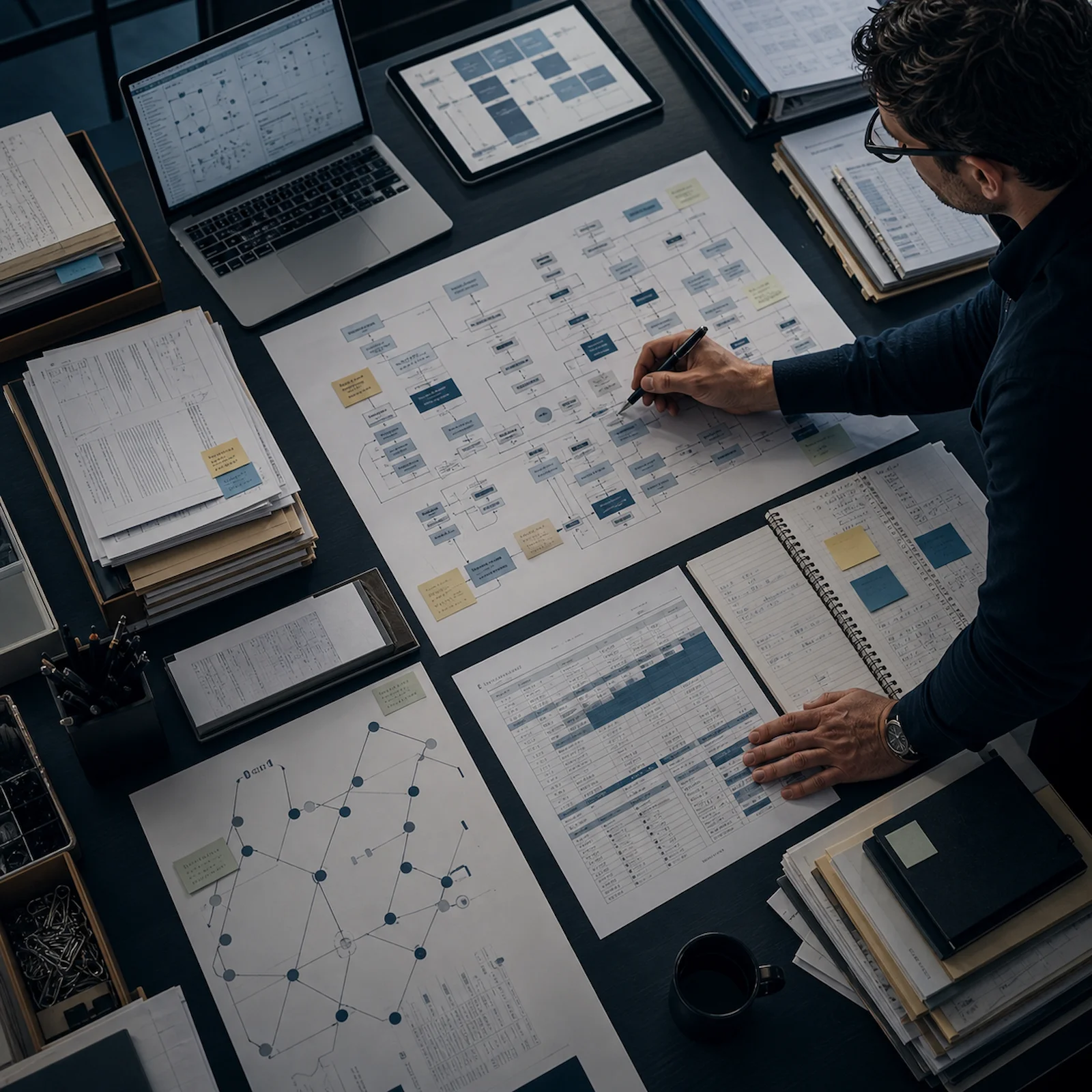 Operator organizing business context, process maps, and source materials for structured AI prompting