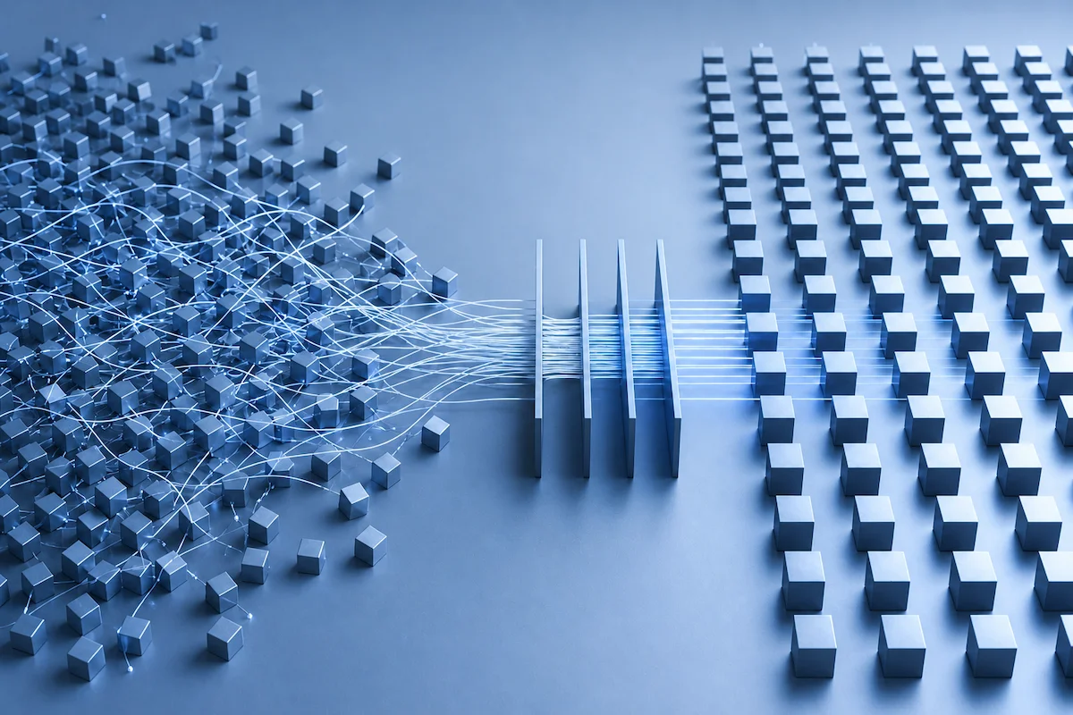 Abstract visualization of unstructured data flowing through filtering gates into an ordered grid output.