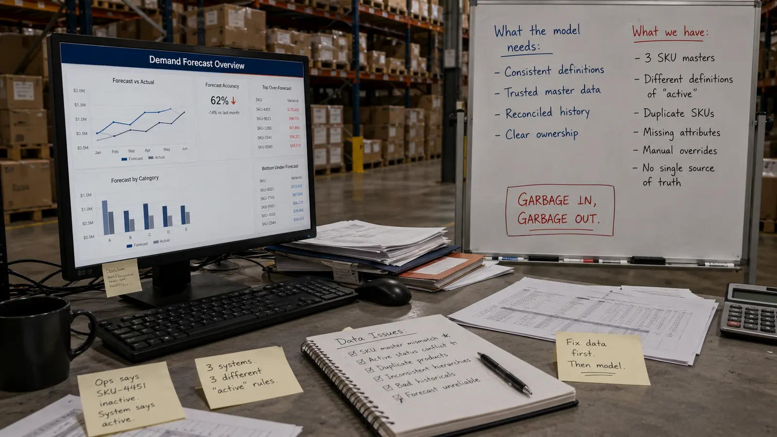 Demand forecast dashboard on a warehouse desk next to a whiteboard mapping what the AI model needs against what the business actually has, with 'GARBAGE IN, GARBAGE OUT' highlighted.