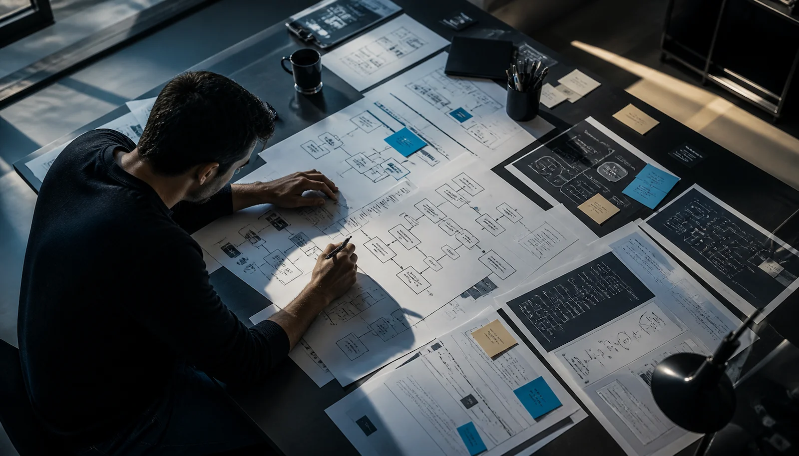Operators mapping a workflow on a printed diagram — clarifying ownership, data inputs, decision rights, exception paths, and controls before AI is applied to the process.