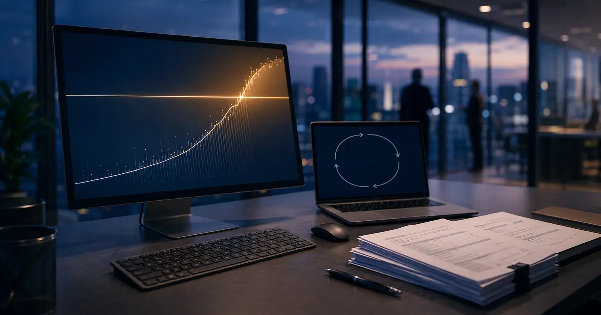 Abstract data-flow visualization: scattered, unstructured inputs converge through gates into a looping agent process, with an ordered output grid and a climbing cost meter.