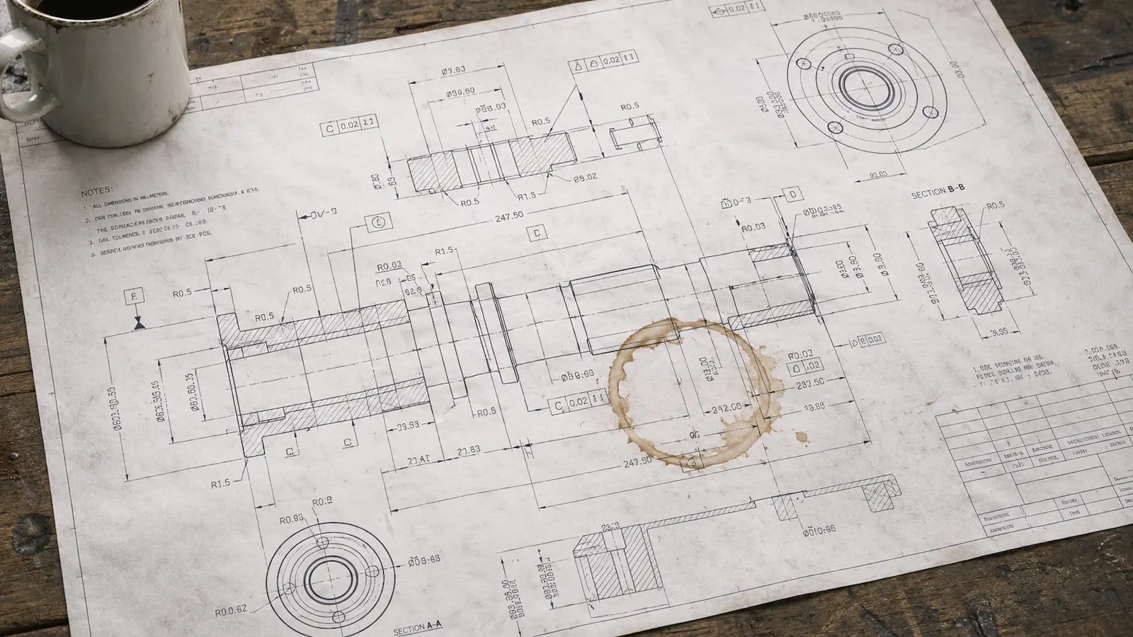 Engineering drawing on a workshop bench with a coffee ring partially obscuring a critical dimension — illustrating the gap between documented workflows and how operations actually run.