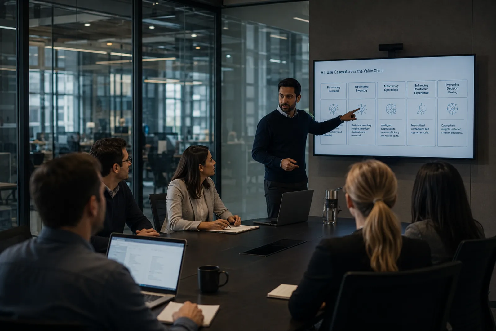 A presenter reviewing business topics with colleagues in a conference room.